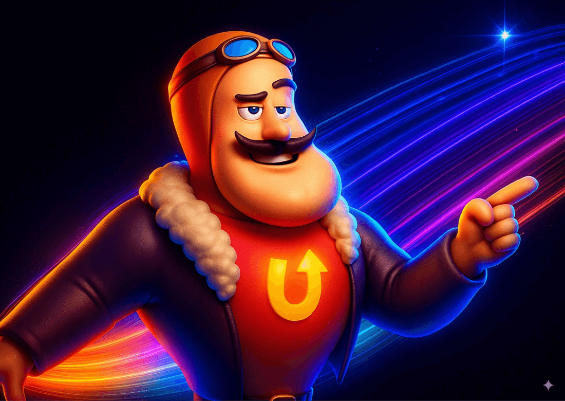 Captain mascot in aviator gear pointing forward on the contact form