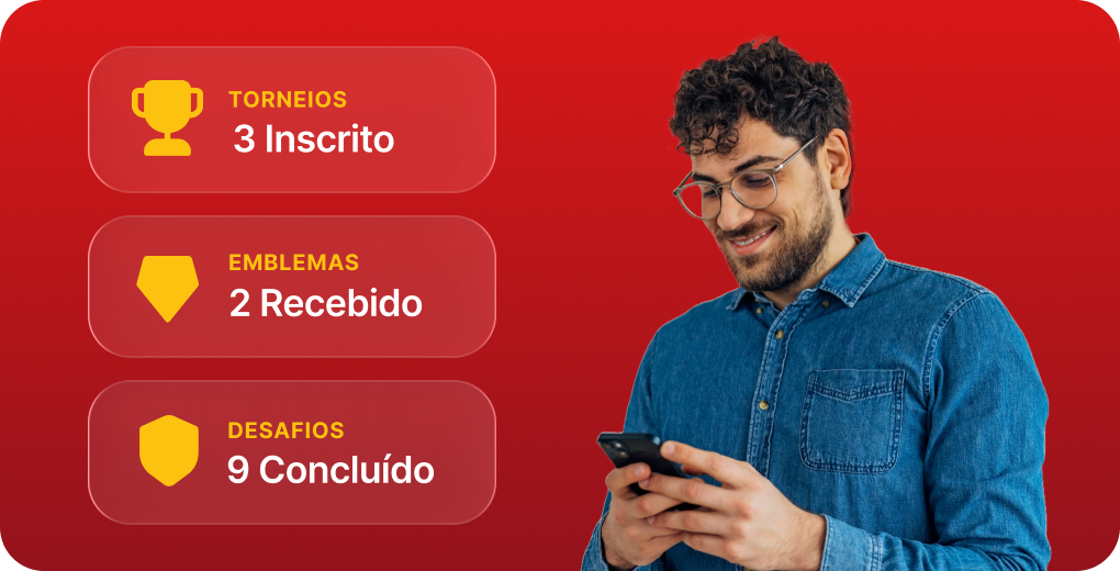 Progresso do usuário com torneios, emblemas e desafios