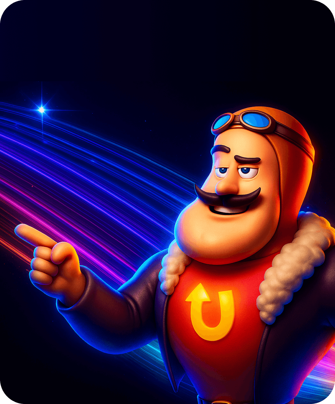 Captain mascot in aviator gear pointing on Captain Up's story