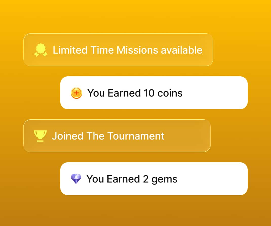 Gamification activity feed with coins, gems, and tournament rewards