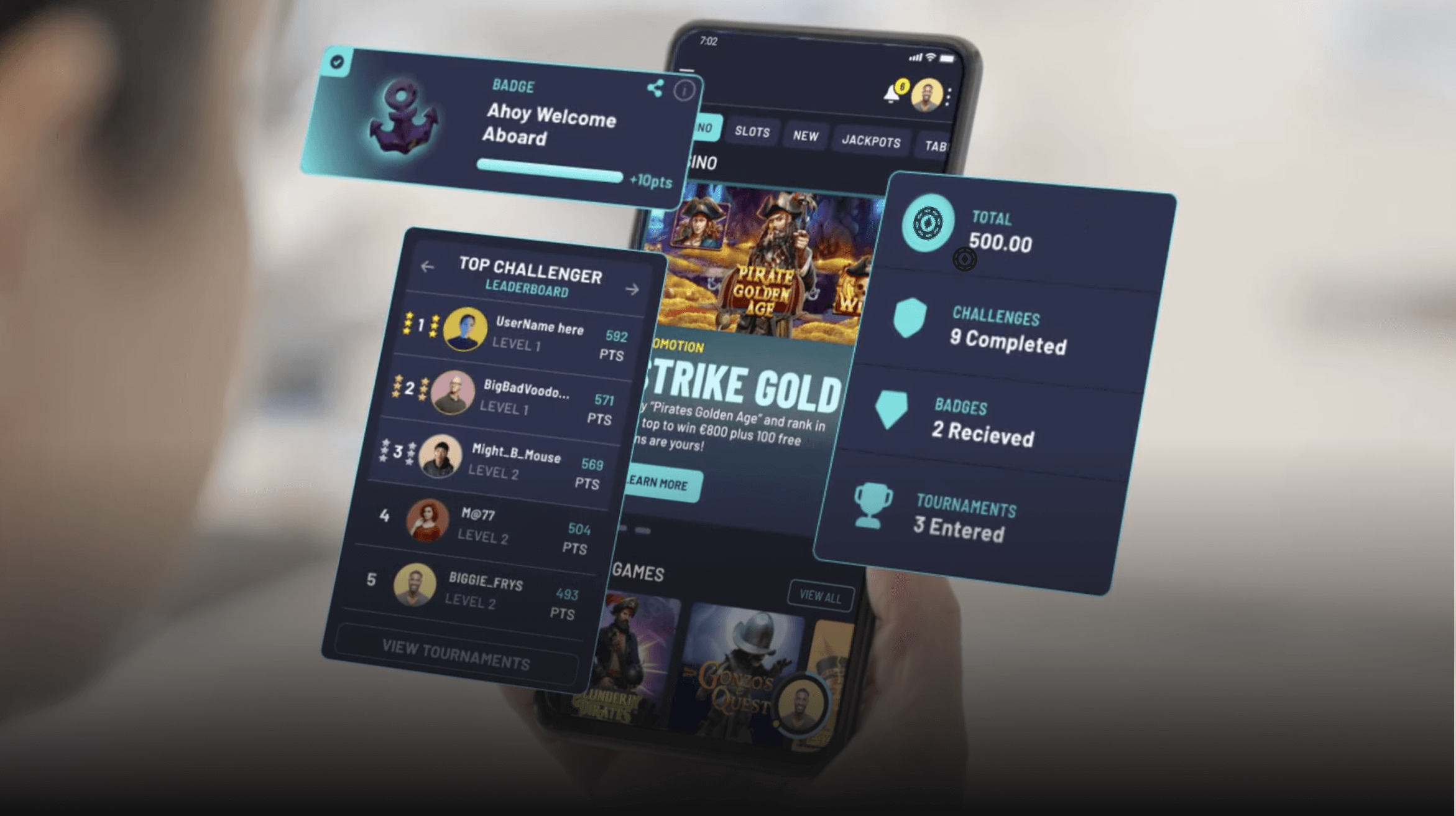 Mobile gamification interface with leaderboard, badges, and challenges