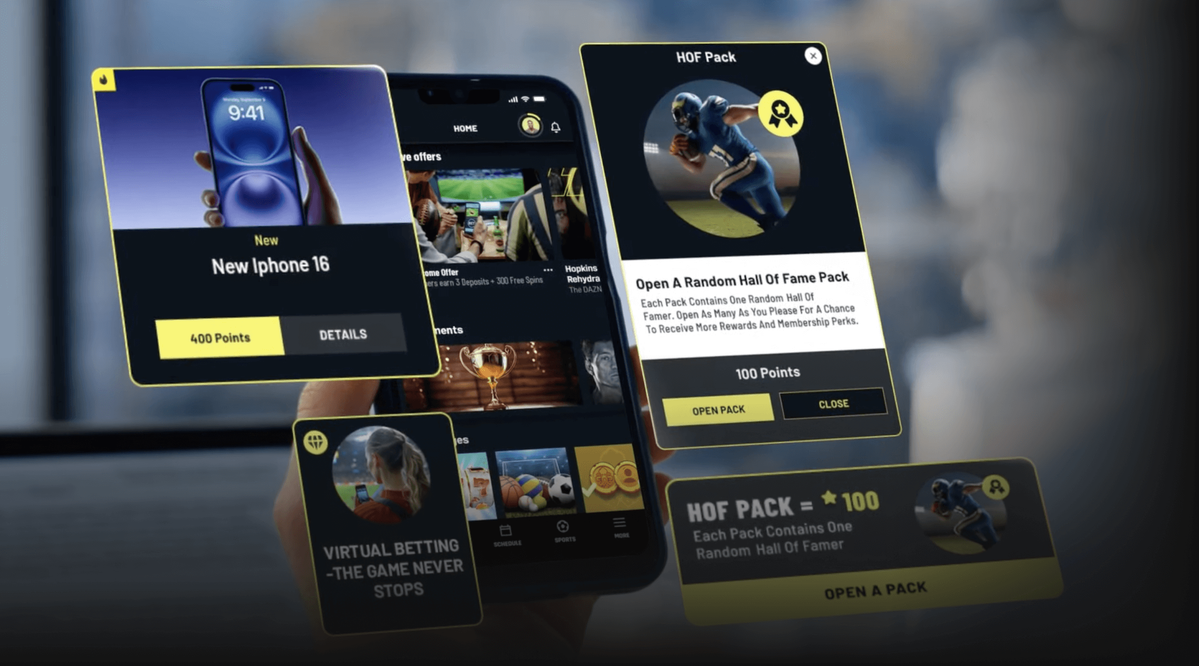 Gamified mobile rewards store with redeemable products and HOF pack