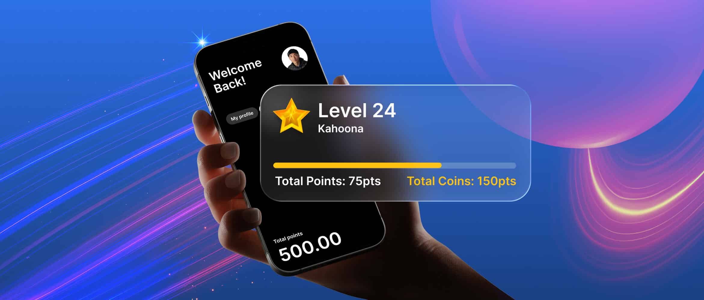 Mobile loyalty app with points, levels, and coin balance