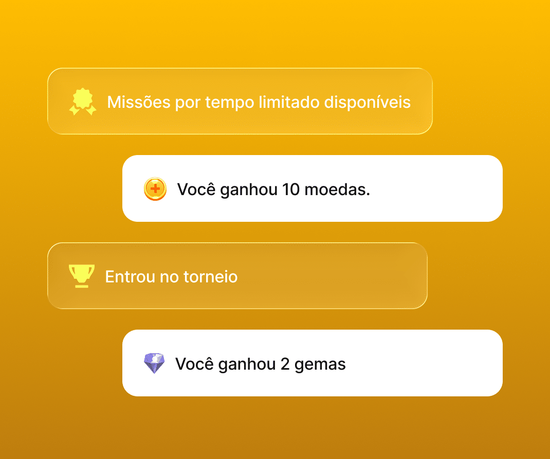 Feed de atividade de gamificação com moedas, gemas e recompensas de torneios